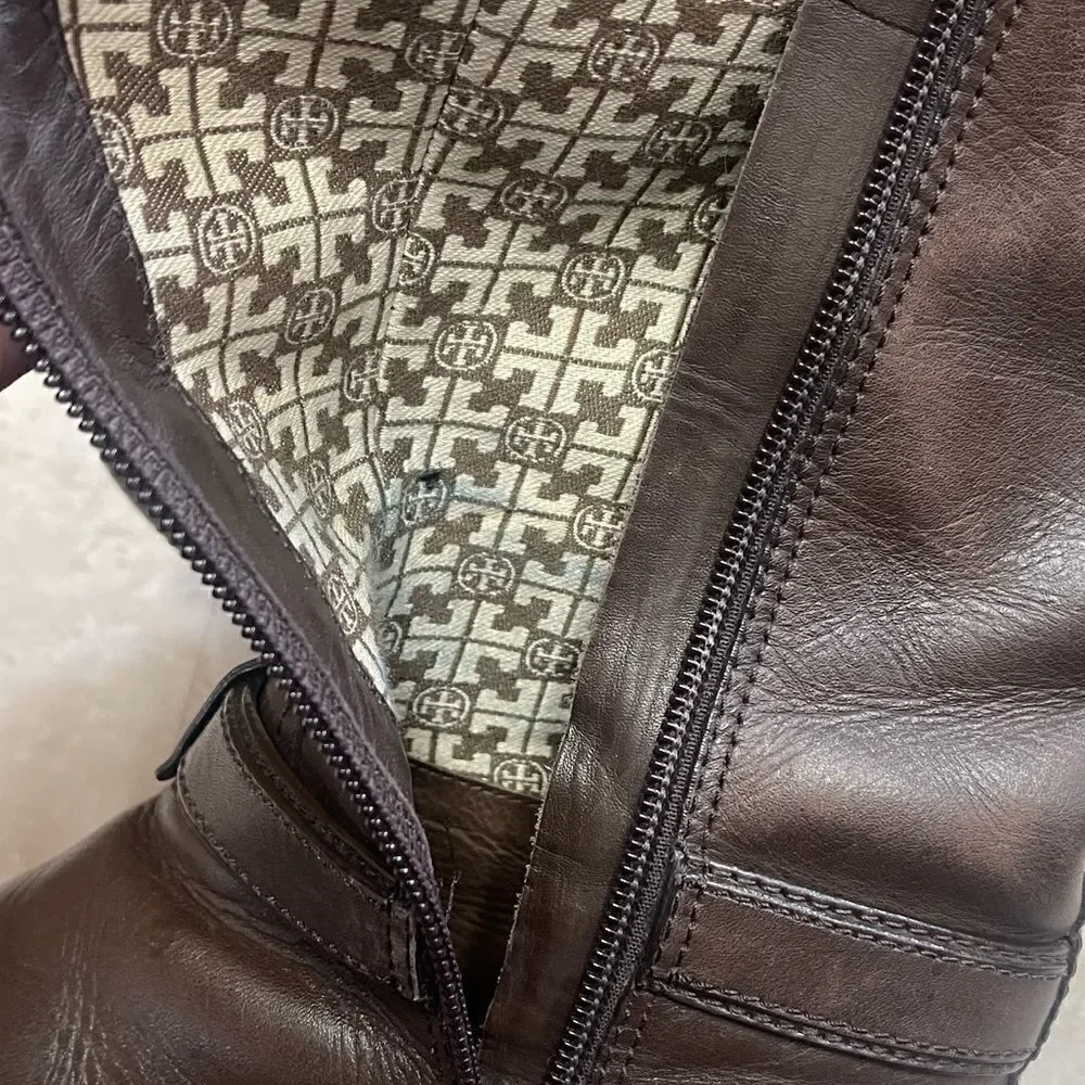 Tory Burch- Brown Bristol Leather Riding Boot with Gold Hardware, Sz 6.5